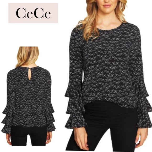 CeCe Danity Tiered Ruffled Bell Sleeve Bow Blouse - Picture 11 of 11